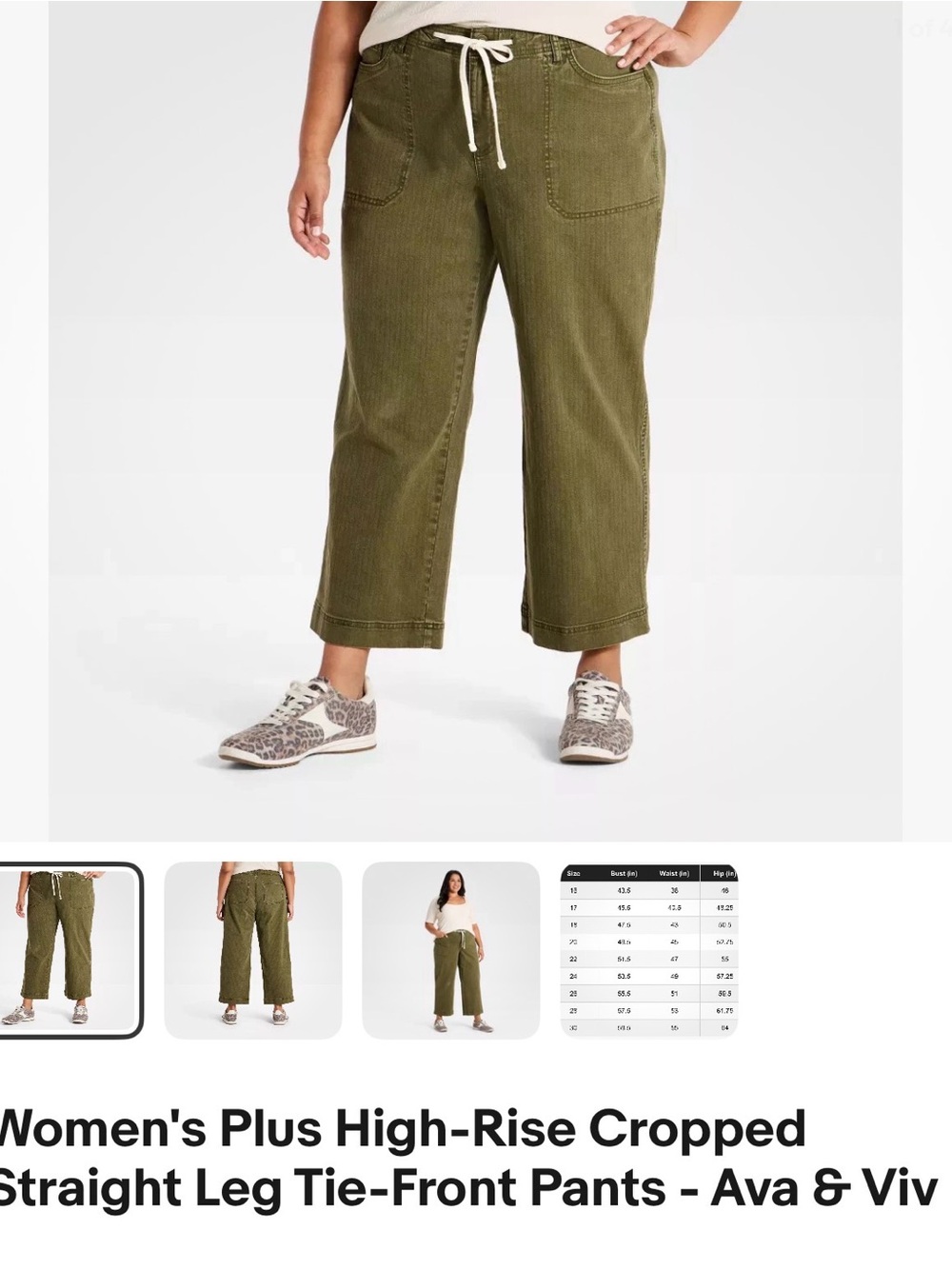 Ava & Viv Plus High-Rise Cropped Tie-Front Pants in Olive Green